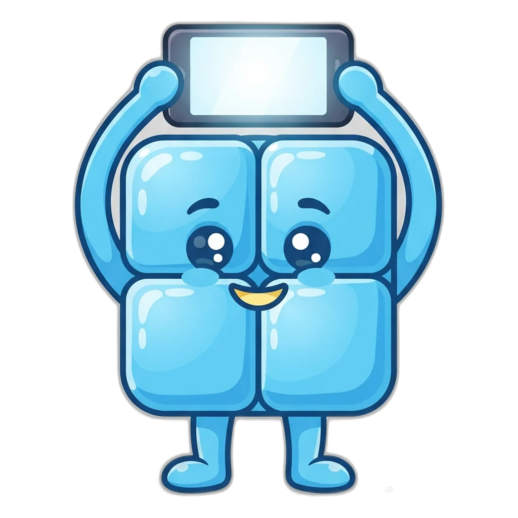 Sky blue block buddy holding a phone to add the Purn Win Game app