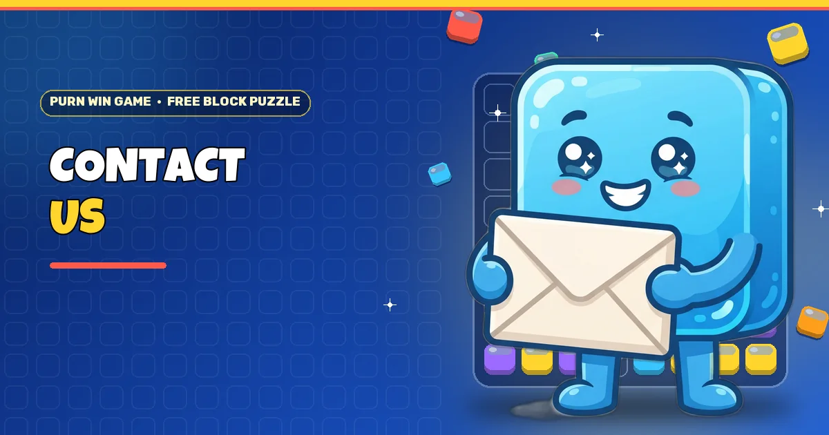 Sky blue block buddy carrying an envelope for the Contact Purn Win Game page
