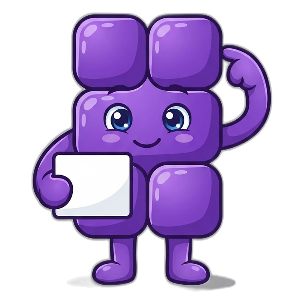 Violet T-shaped block buddy holding a question card for the Purn Win Game FAQ