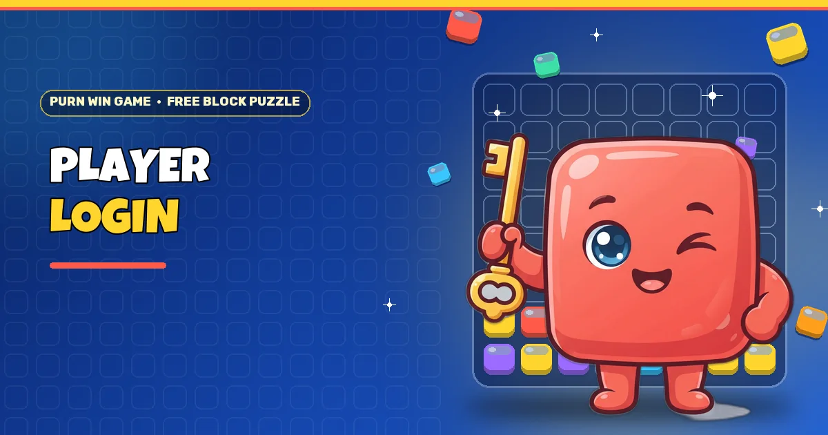 Coral block buddy holding a key for the Purn Win Game login page