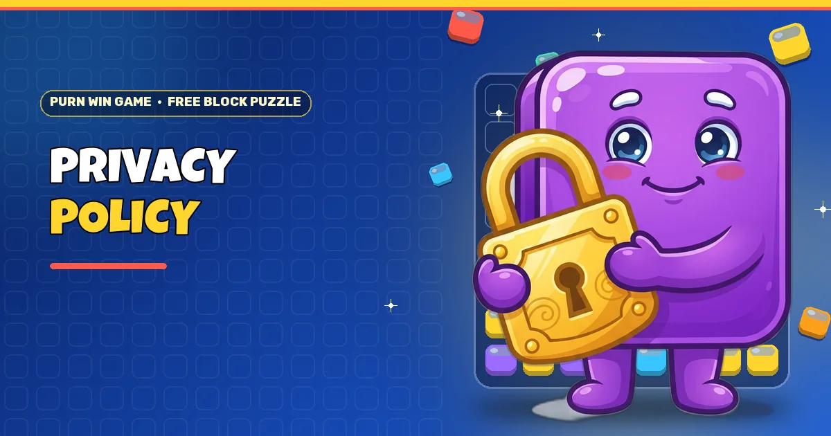 Violet block buddy hugging a padlock for the Purn Win Game privacy policy